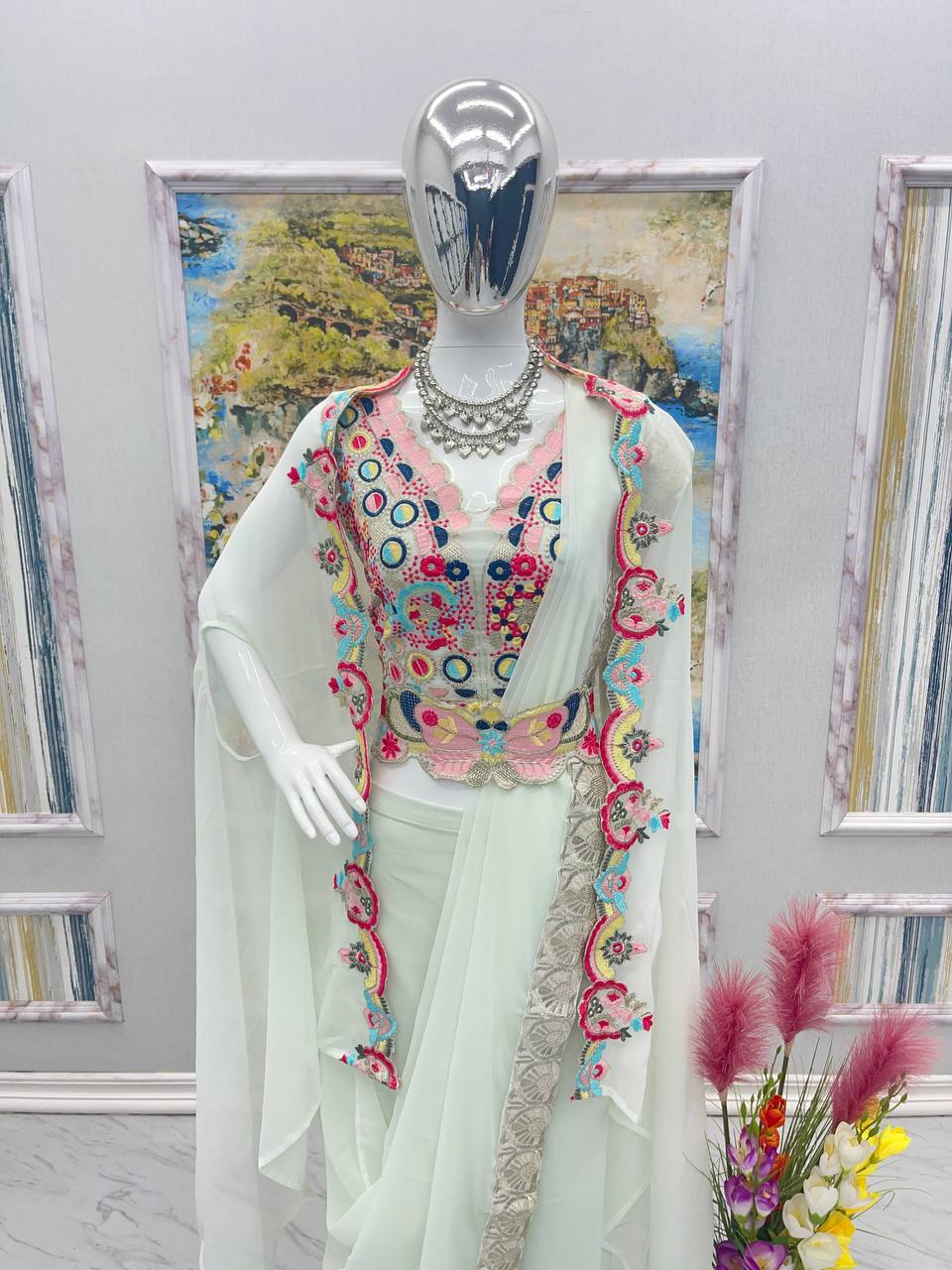 "Ethereal Elegance: Exquisite Four-Piece Indo Western Suit Set with Belt and Embroidery Work - Perfect for Weddings and Parties"