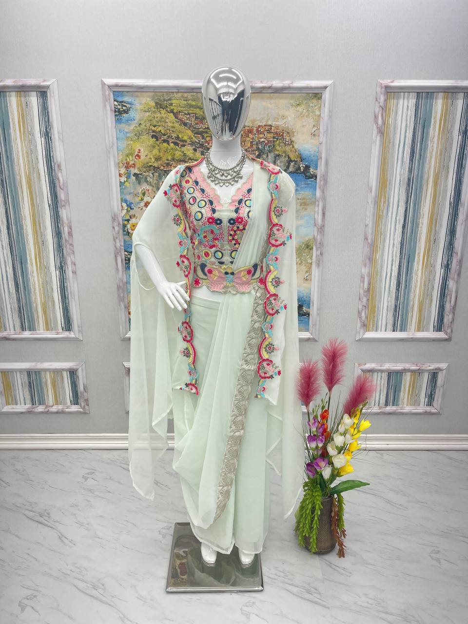 "Ethereal Elegance: Exquisite Four-Piece Indo Western Suit Set with Belt and Embroidery Work - Perfect for Weddings and Parties"