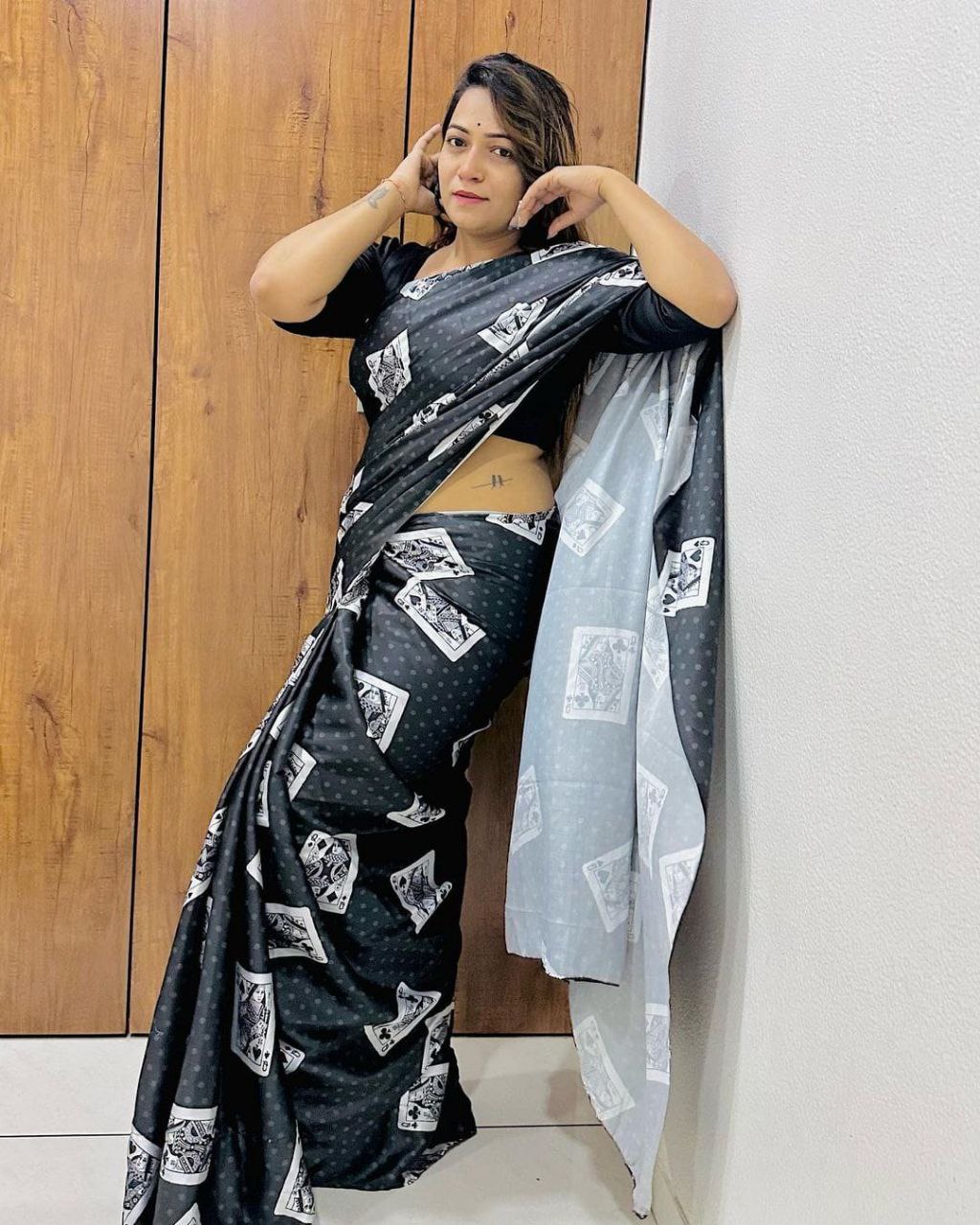 Women's Beautiful Digital Printed Japan Satin SIlk Saree With Running Blouse