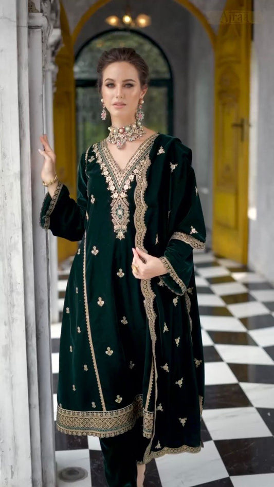 "Winter Elegance: Velvet Embroidery Sequence Top with Palazzo Set and Dupatta - Luxe Festive Ensemble for Women"