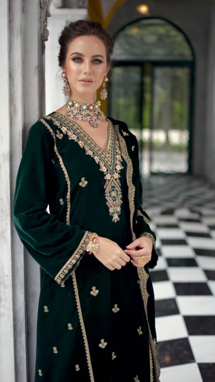 "Winter Elegance: Velvet Embroidery Sequence Top with Palazzo Set and Dupatta - Luxe Festive Ensemble for Women"