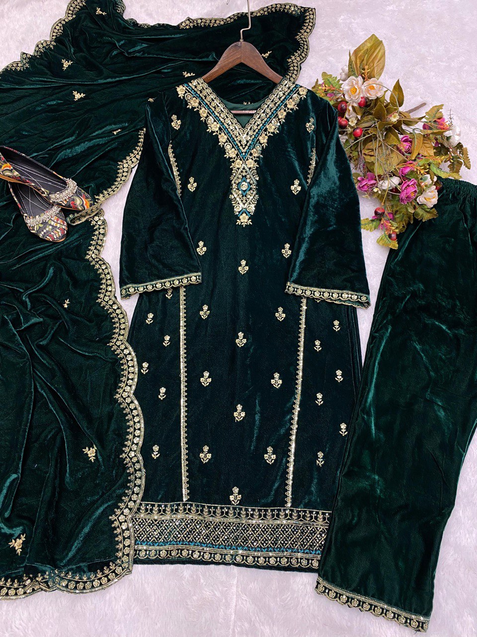 "Winter Elegance: Velvet Embroidery Sequence Top with Palazzo Set and Dupatta - Luxe Festive Ensemble for Women"