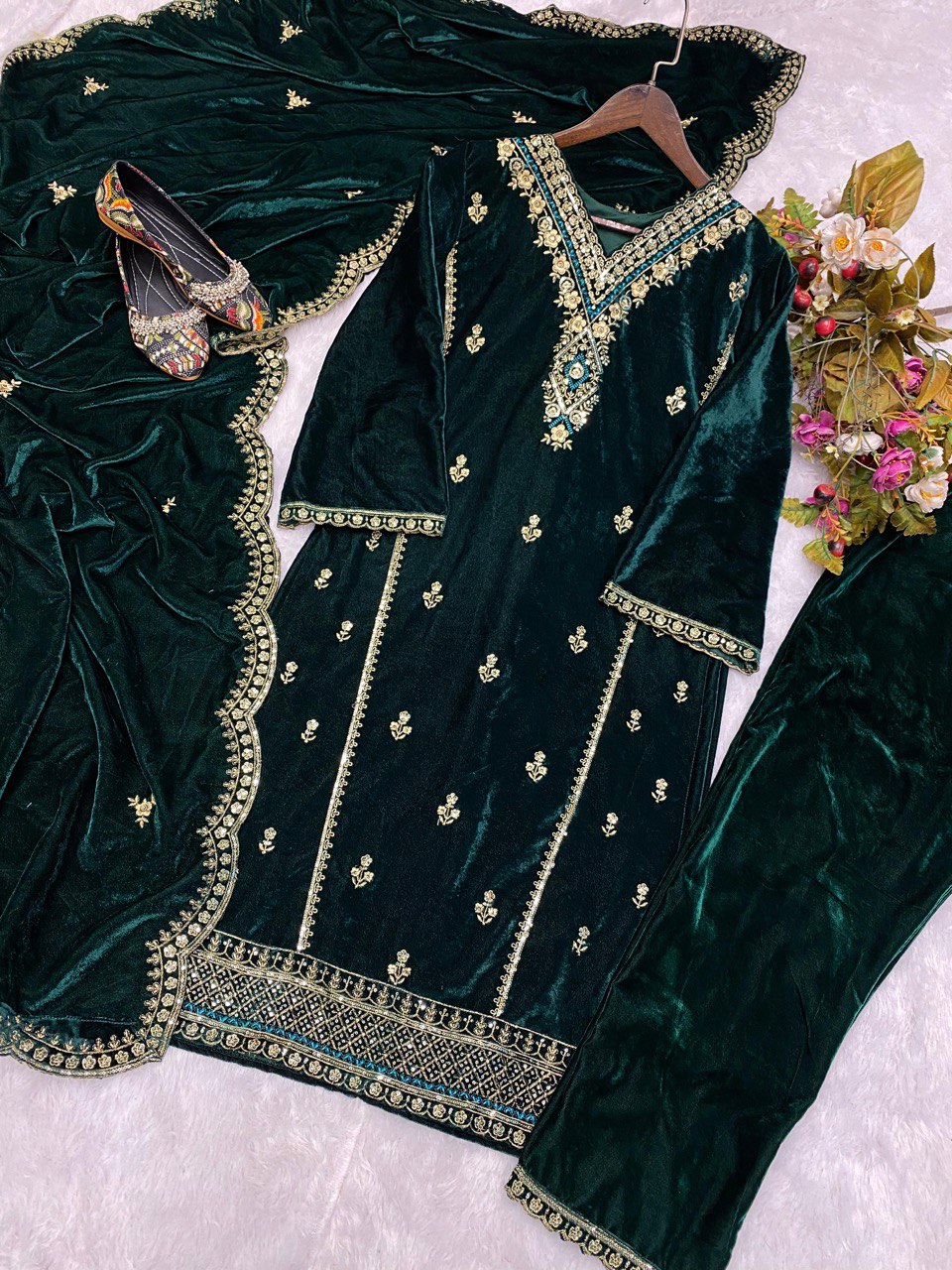 "Winter Elegance: Velvet Embroidery Sequence Top with Palazzo Set and Dupatta - Luxe Festive Ensemble for Women"