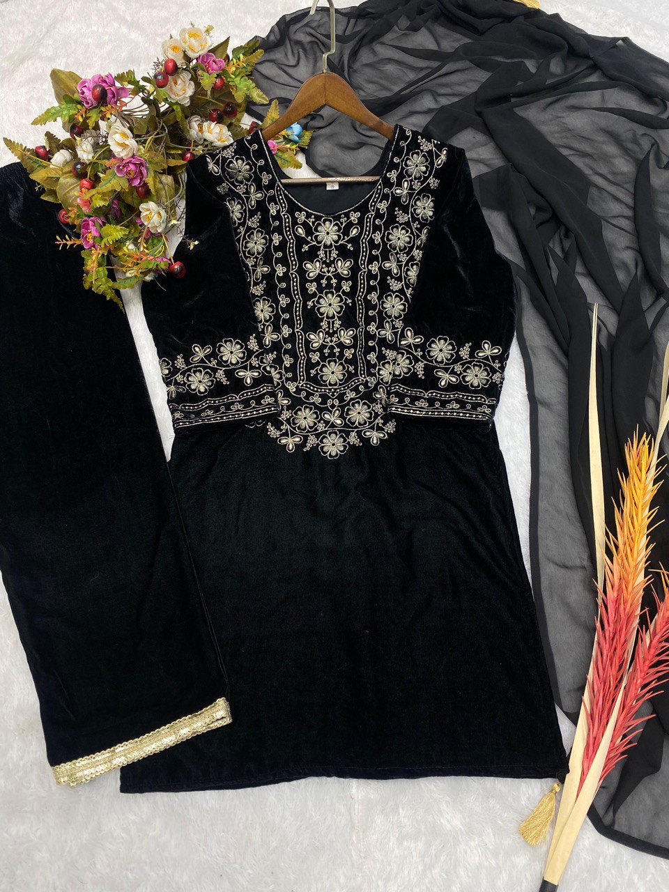 "Velvet Elegance: Winter-Ready Embroidered Viscos Velvet Top Wear Kurta , Free-Size Pant, and Georgette Dupatta"