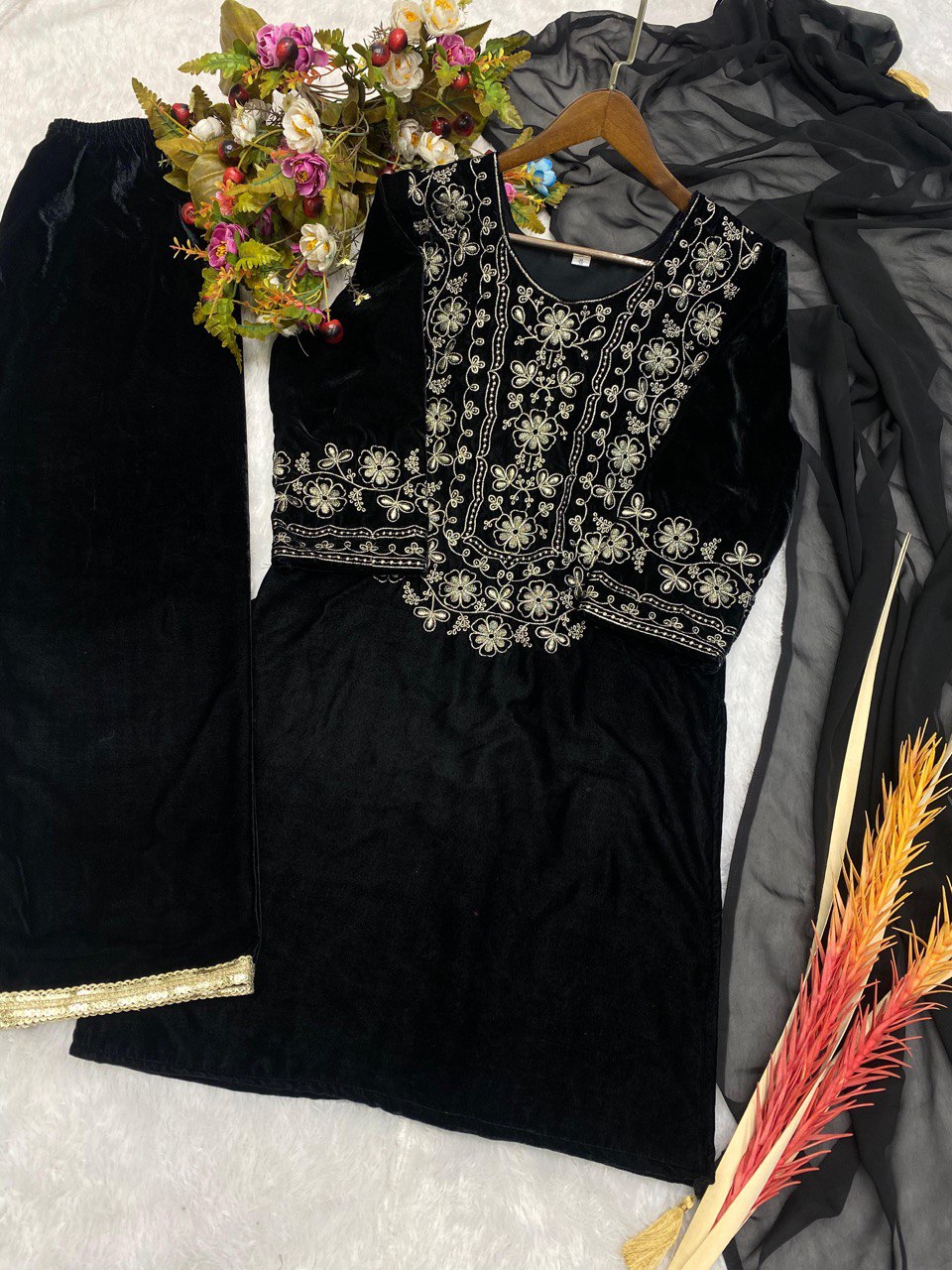 "Velvet Elegance: Winter-Ready Embroidered Viscos Velvet Top Wear Kurta , Free-Size Pant, and Georgette Dupatta"