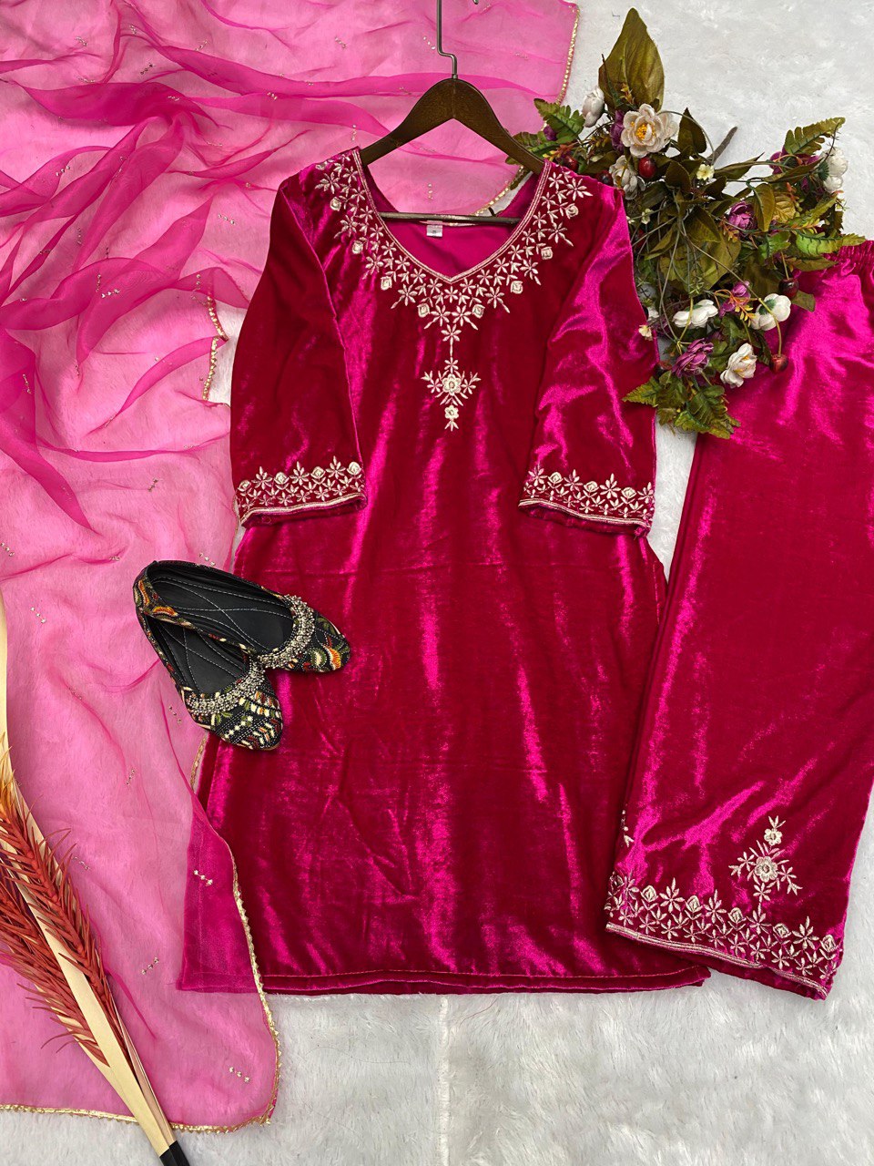 "Opulent Viscos Velvet Embroidery Ensemble: Top, Pant & Dupatta Set - Luxe Elegance for Special Occasions"