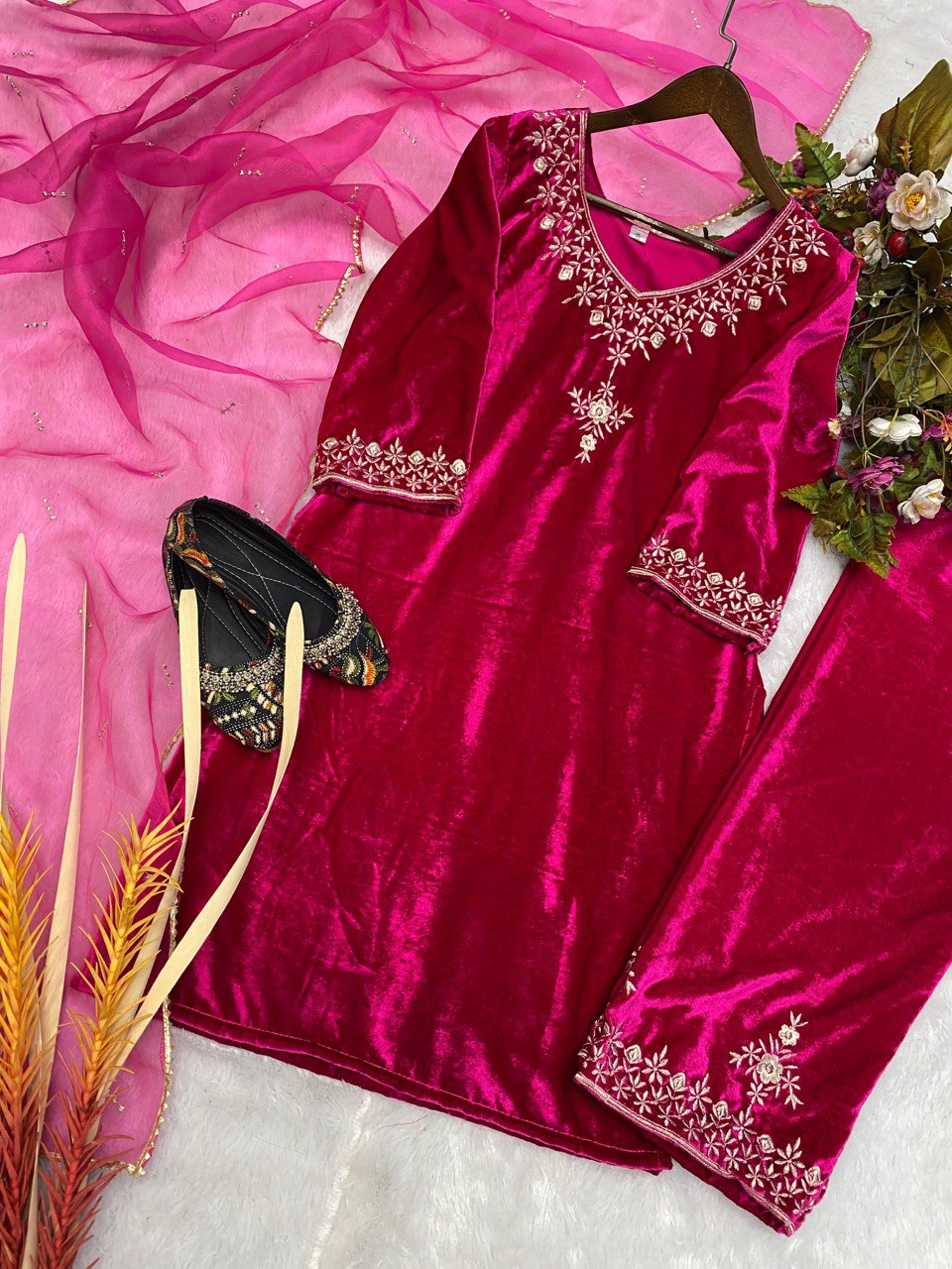 "Opulent Viscos Velvet Embroidery Ensemble: Top, Pant & Dupatta Set - Luxe Elegance for Special Occasions"