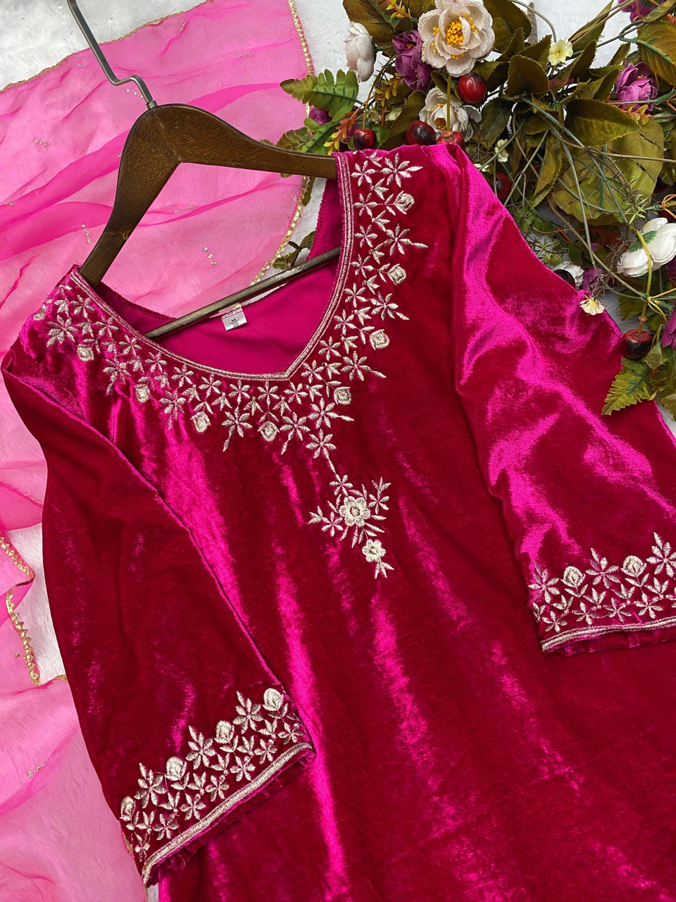 "Opulent Viscos Velvet Embroidery Ensemble: Top, Pant & Dupatta Set - Luxe Elegance for Special Occasions"