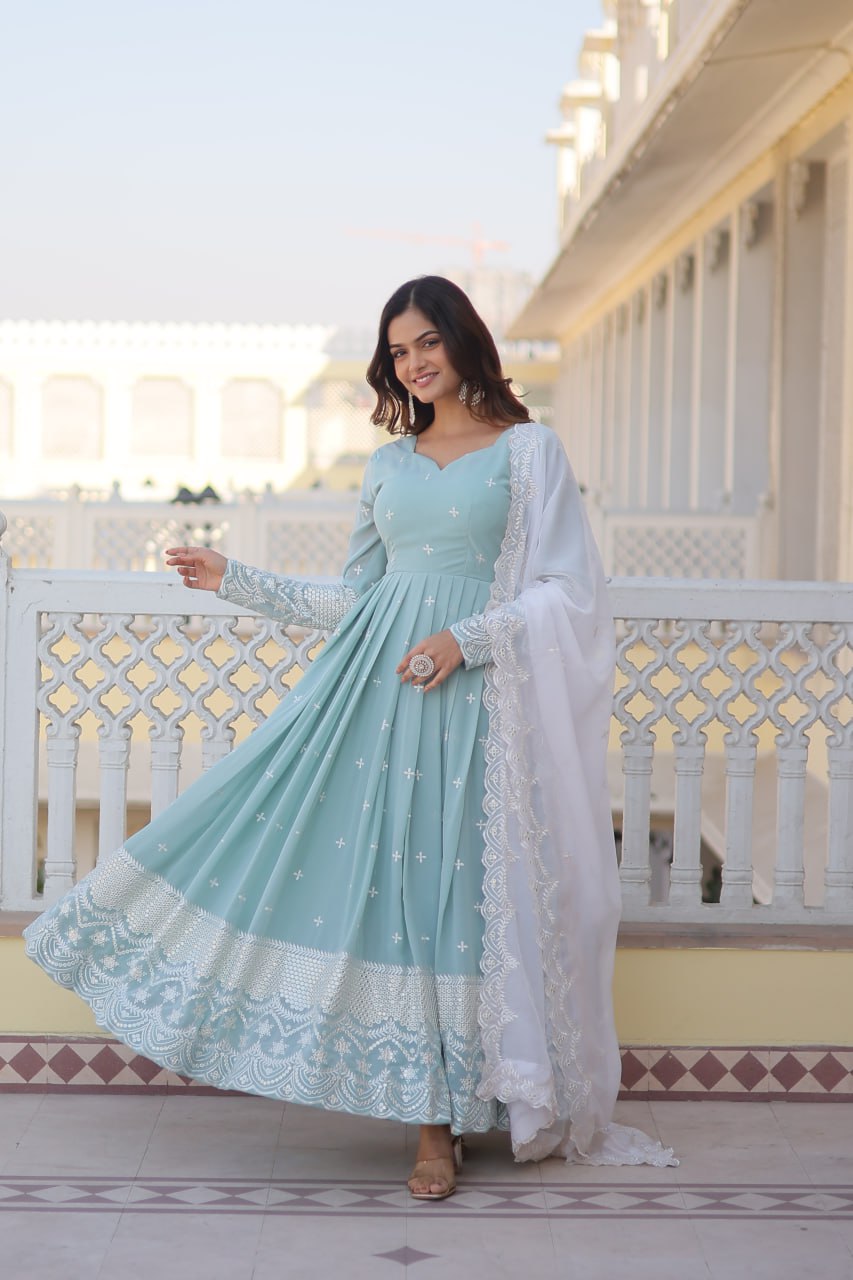 "Luxury Elegance: Thread & Sequins Embroidered Designer Gown with Russian Silk Dupatta"