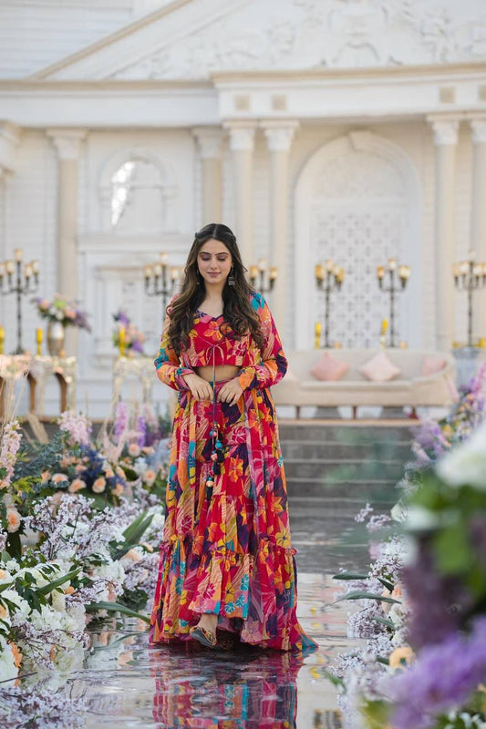 "🌹 Red Chiffon Digital Prints Anarkali Suit Set | Elegant Party Wear Ensemble | Fully Stitched and Ready-to-Wear