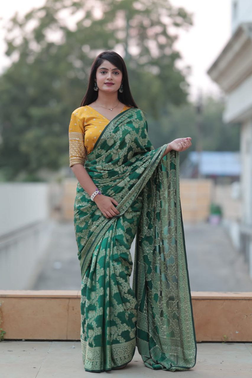 "Golden Kankavali Elegance: Soft Georgette Banarasi Saree with Jacquard Blouse - Timeless Luxury for Special Occasions"
