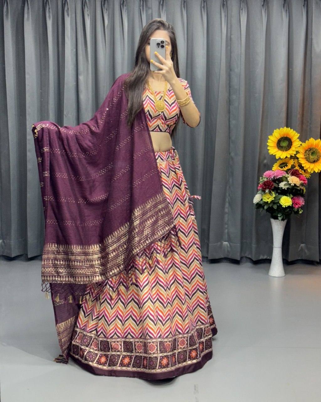 "Regal Charm: Zig Zag Print & Foil Work Lehenga Choli Ensemble with Princess Work Blouse and Zari Weaved Dupatta"