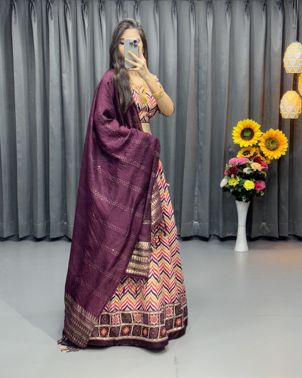 "Regal Charm: Zig Zag Print & Foil Work Lehenga Choli Ensemble with Princess Work Blouse and Zari Weaved Dupatta"