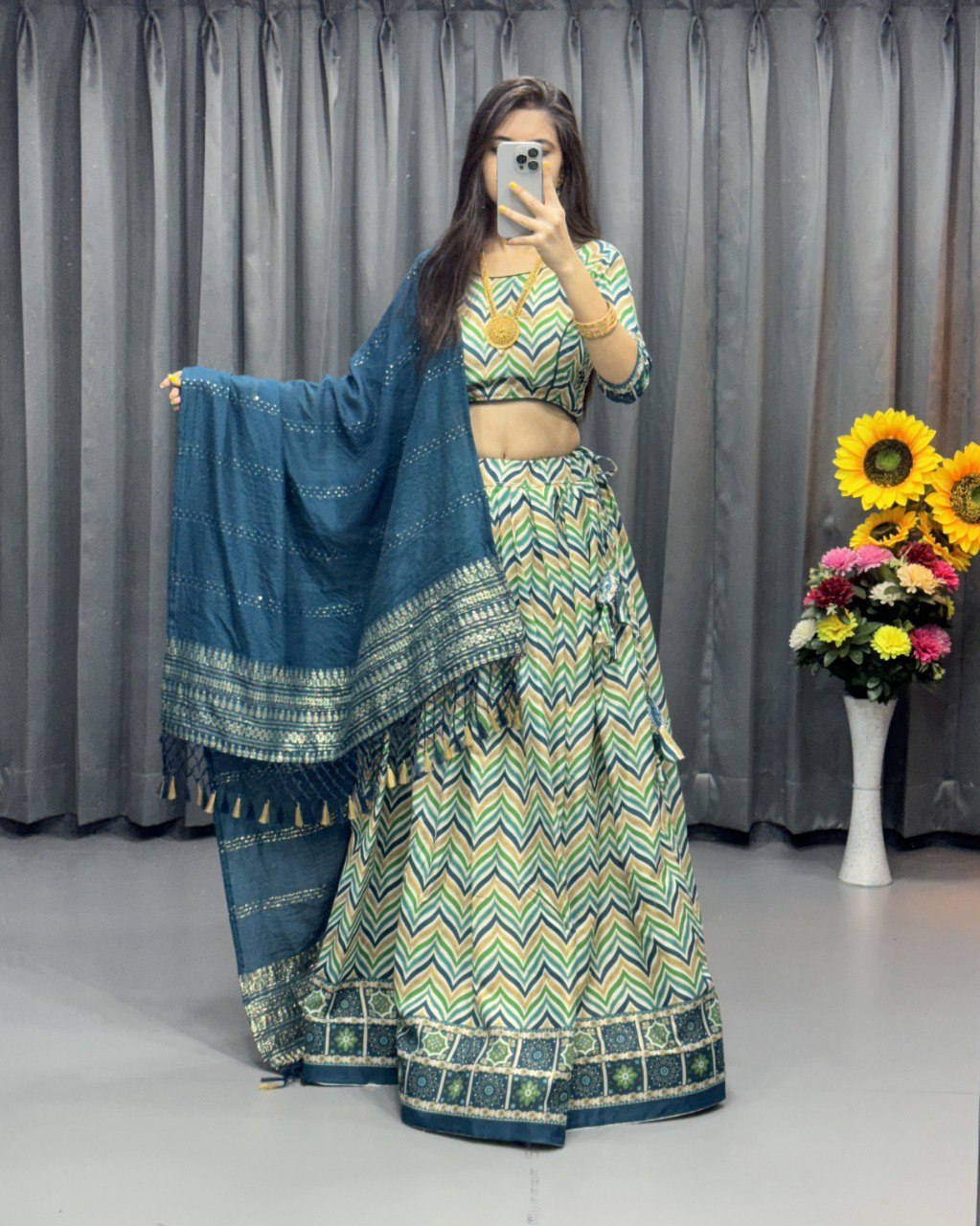 "Regal Charm: Zig Zag Print & Foil Work Lehenga Choli Ensemble with Princess Work Blouse and Zari Weaved Dupatta"