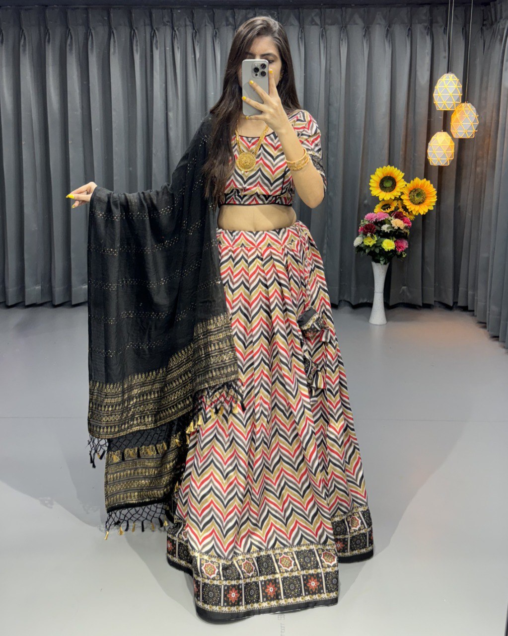 "Regal Charm: Zig Zag Print & Foil Work Lehenga Choli Ensemble with Princess Work Blouse and Zari Weaved Dupatta"