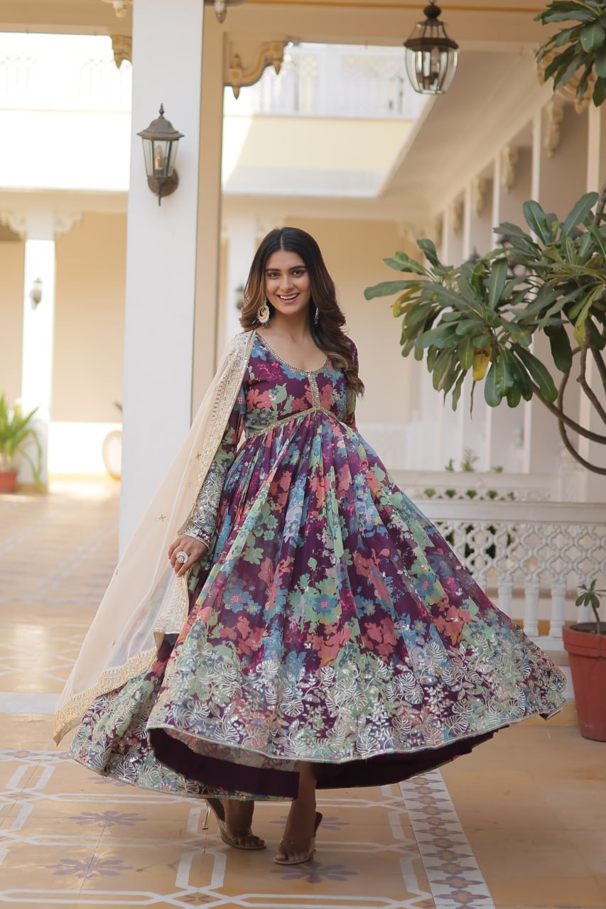 "🌟 Alia Cut Gown: Premium Russian Silk with Embroidery and Dupatta Set | Trendy Flair and Sequins