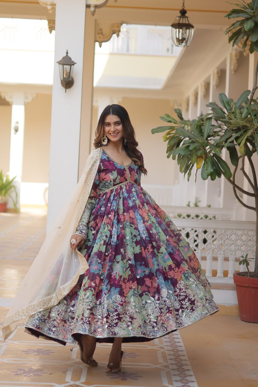 "🌟 Alia Cut Gown: Premium Russian Silk with Embroidery and Dupatta Set | Trendy Flair and Sequins