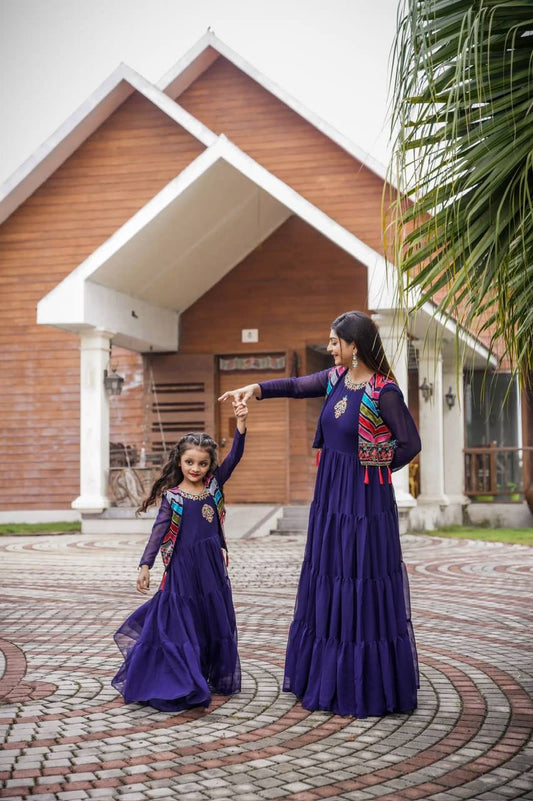 "Ethereal Elegance: Mother Daughter Gown with Jacket Combo with Embroidery and Foil Work - Perfect for Special Occasions"