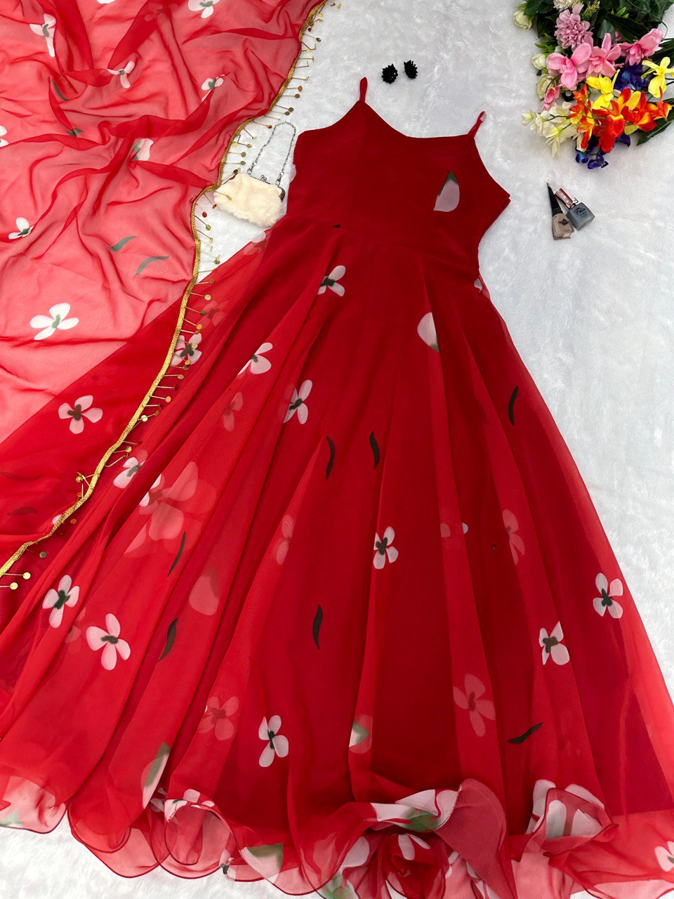 "Elegant Georgette Gown with 8mtr Flair | Celebrity-Inspired Design | Fully Stitched and Ready-to-Wear"