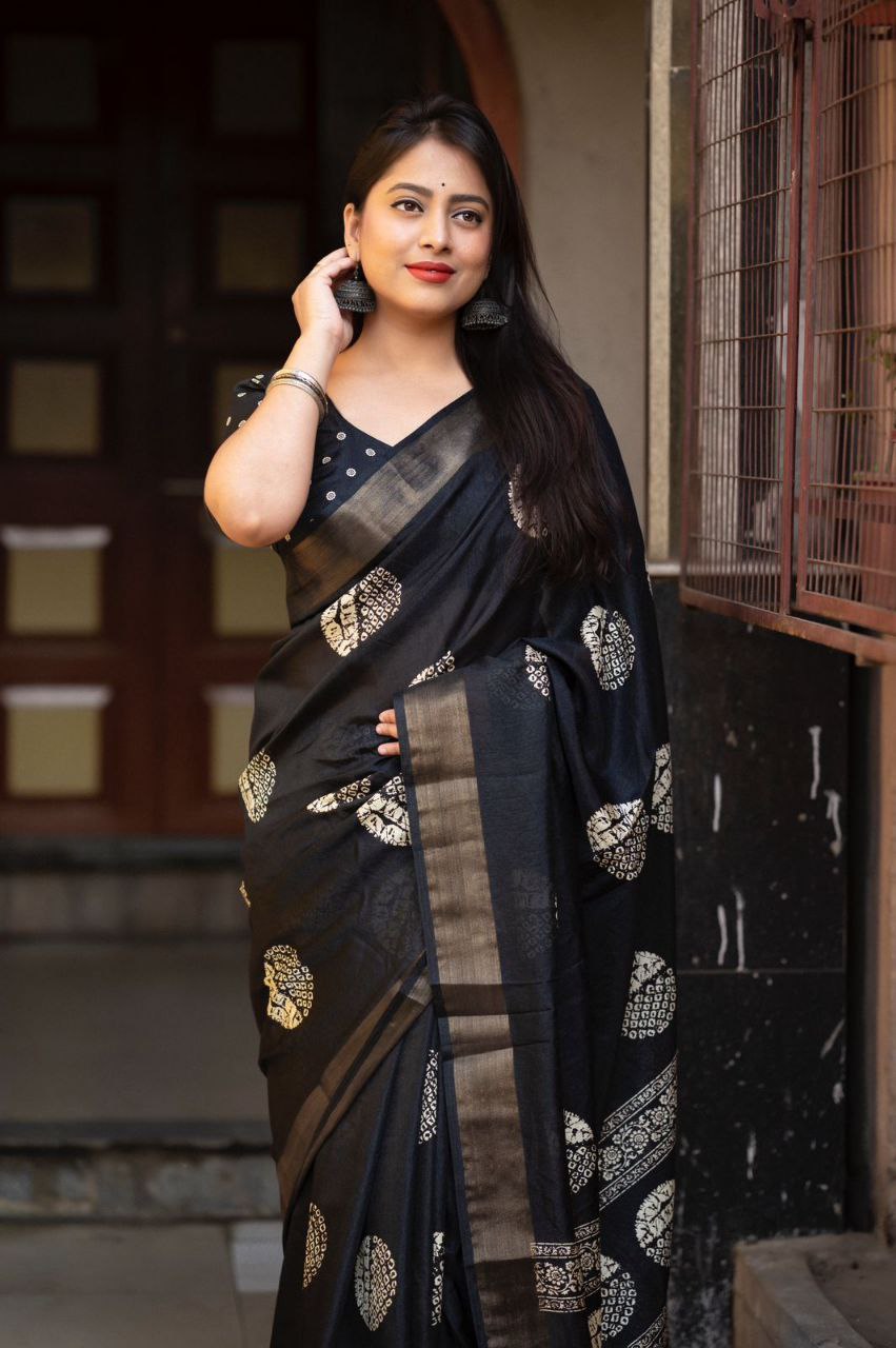 Women's Batik Printed Pattu Zari Woven Soft Cotton Crepe Saree With Blouse