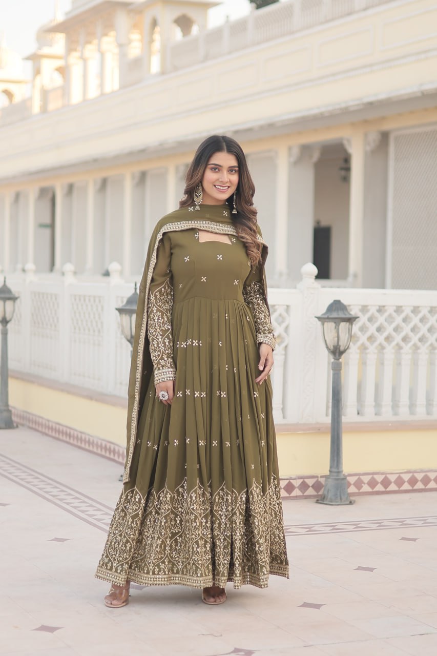 "Sequin Elegance: Faux Georgette Gown with Dupatta - Designer Embroidery, Trending 2024 Collection"