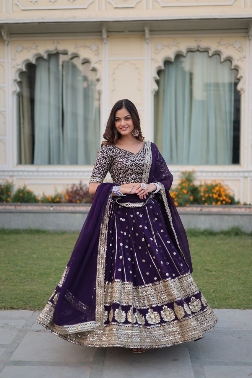 "Faux Blooming Sequins Elegance: Designer Purple Lehenga Choli Set 2024 - Festive Glamour, Tradition Redefined"