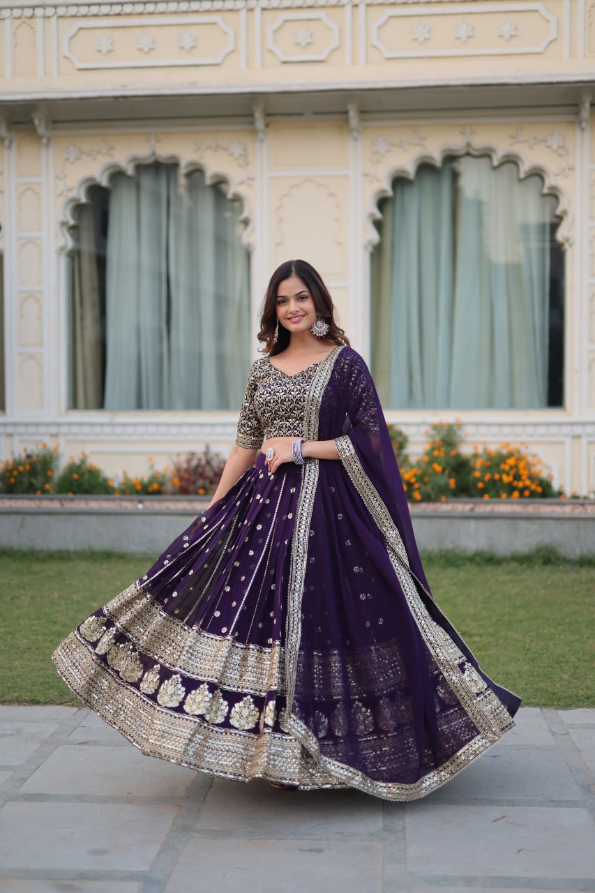 "Faux Blooming Sequins Elegance: Designer Purple Lehenga Choli Set 2024 - Festive Glamour, Tradition Redefined"