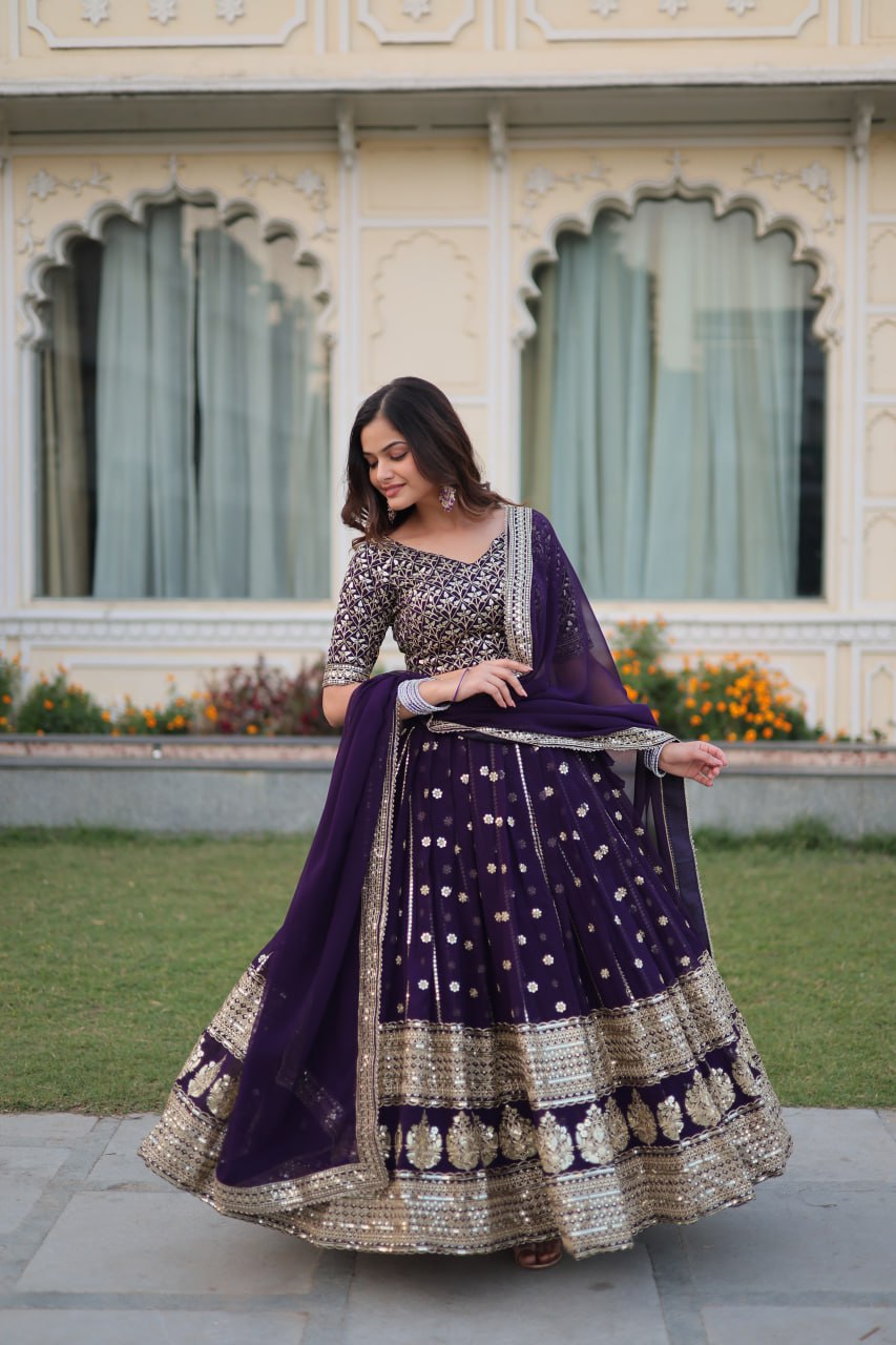 "Faux Blooming Sequins Elegance: Designer Purple Lehenga Choli Set 2024 - Festive Glamour, Tradition Redefined"