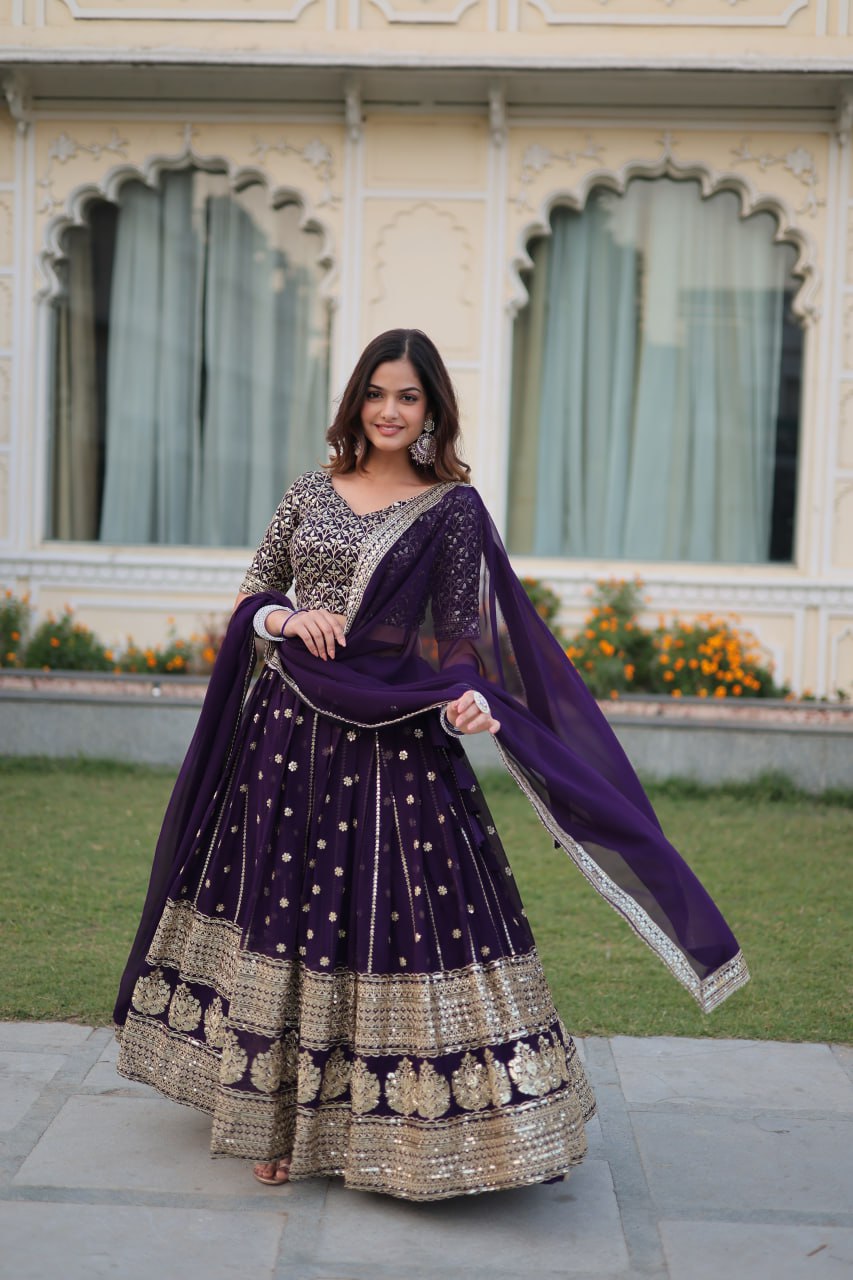 "Faux Blooming Sequins Elegance: Designer Purple Lehenga Choli Set 2024 - Festive Glamour, Tradition Redefined"