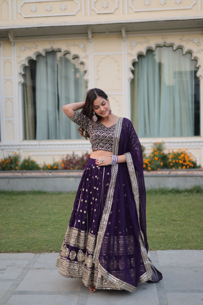 "Faux Blooming Sequins Elegance: Designer Purple Lehenga Choli Set 2024 - Festive Glamour, Tradition Redefined"