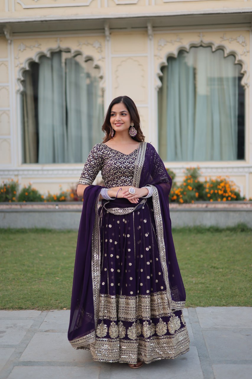 "Faux Blooming Sequins Elegance: Designer Purple Lehenga Choli Set 2024 - Festive Glamour, Tradition Redefined"