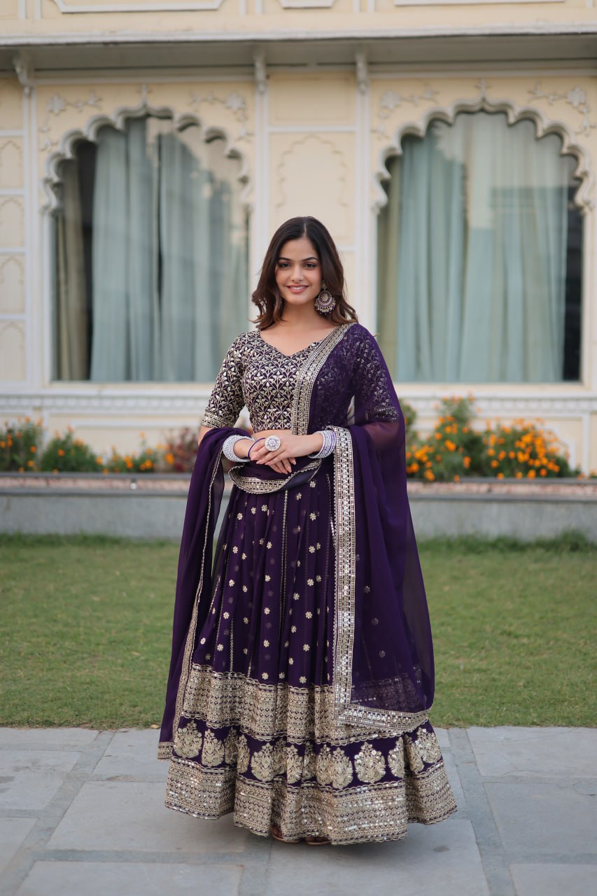 "Faux Blooming Sequins Elegance: Designer Purple Lehenga Choli Set 2024 - Festive Glamour, Tradition Redefined"