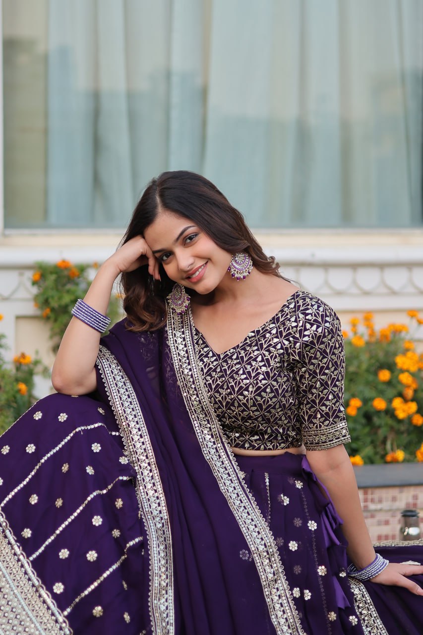 "Faux Blooming Sequins Elegance: Designer Purple Lehenga Choli Set 2024 - Festive Glamour, Tradition Redefined"