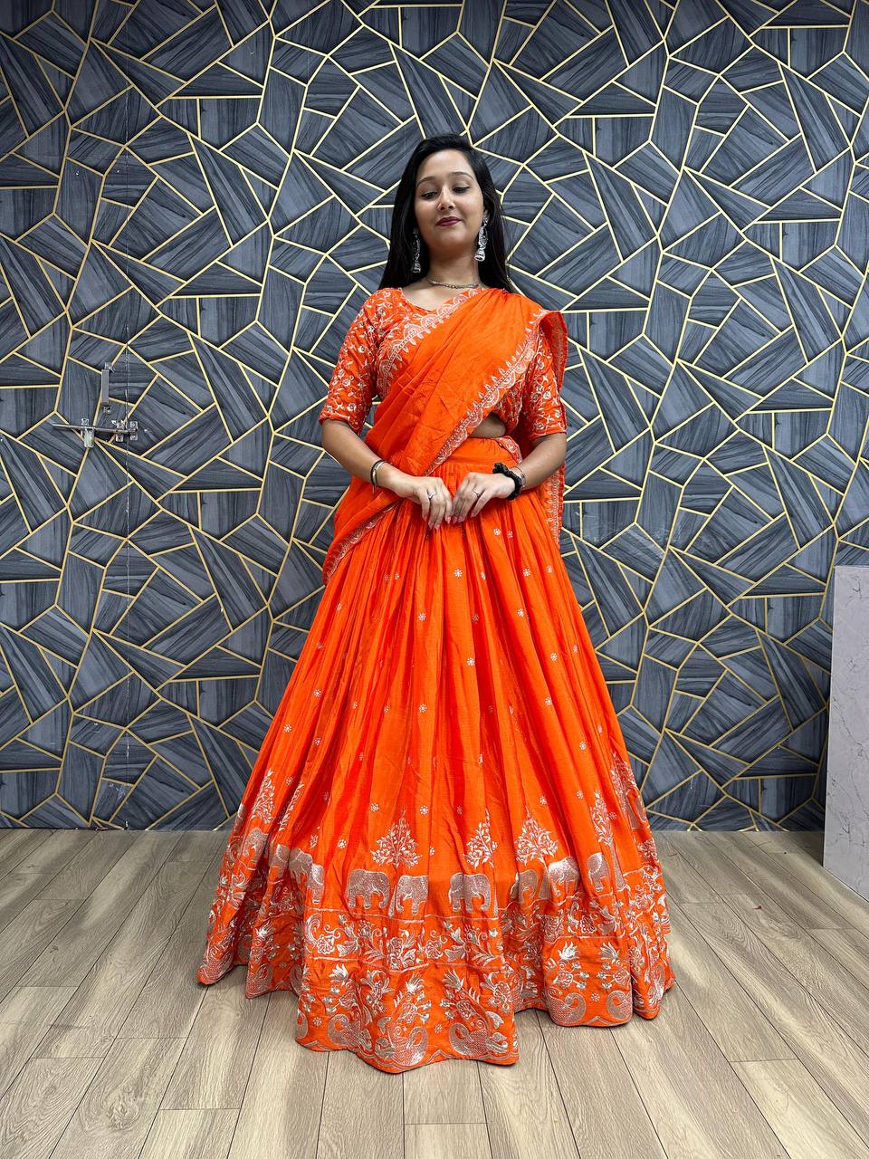 "🌟 Vibrant Orange Festival Lehenga Choli Set | Exquisite Embroidery and Comfortable Fit | Perfect for Celebrations! 🌈"