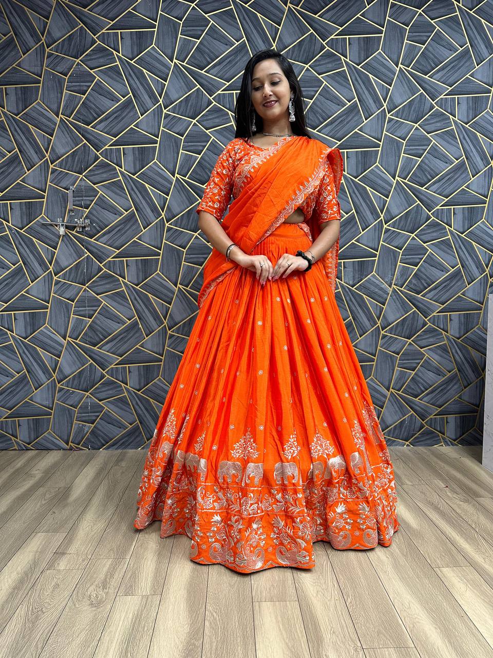 "🌟 Vibrant Orange Festival Lehenga Choli Set | Exquisite Embroidery and Comfortable Fit | Perfect for Celebrations! 🌈"