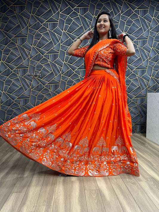 "🌟 Vibrant Orange Festival Lehenga Choli Set | Exquisite Embroidery and Comfortable Fit | Perfect for Celebrations! 🌈"