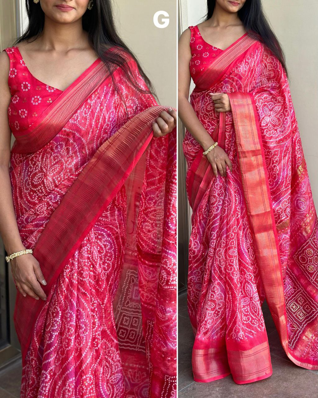 Women's Beautiful Zari Jacquard Border Bandhej Printed Jaipuri Cotton Saree With Blouse