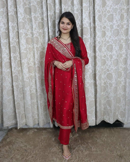 "Valentine's Elegance: Unbox Silk Sequin Red Suit with Free-Size Stitched Pant and Dupatta"