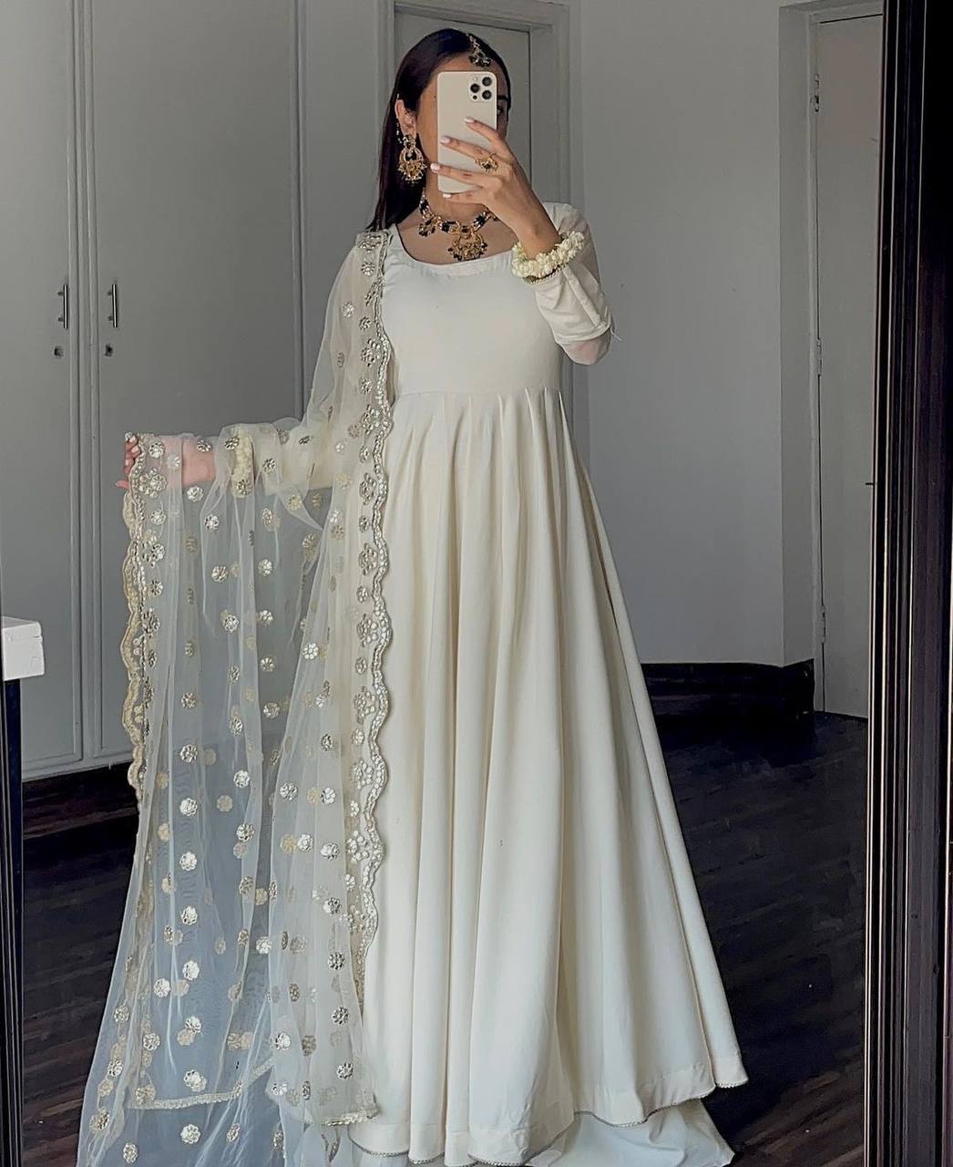 "Ethereal Georgette Umbrella Gown with 12M Flair | Mirror Embroidered Dupatta | Stylish and Comfortable | Perfect for Special Occasions"