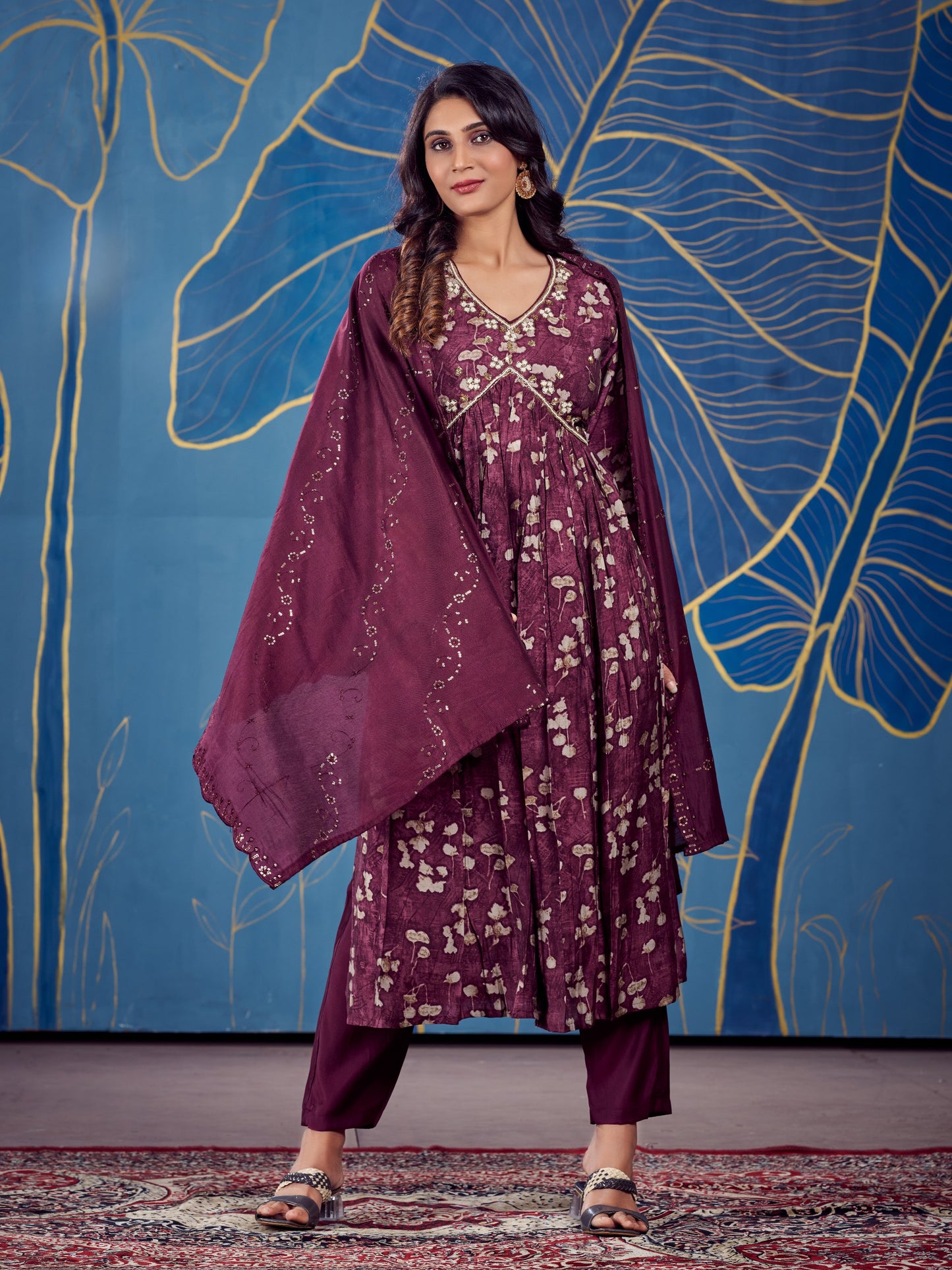 "Wine Elegance: Alia Cut Modal Silk Kurta Pant Set with Hand Work and Viscose Dupatta - Fully Stitched & Comfortable Sizes Available"
