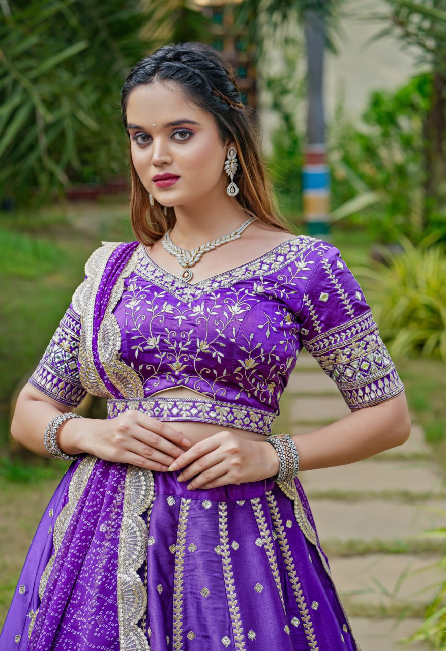 "Purple Elegance Ensemble: Dreamer Women's Full Stitched Lehenga Choli with Heavy Embroidery and Mirror Work (With Free Men's Kurta Bottom Set)