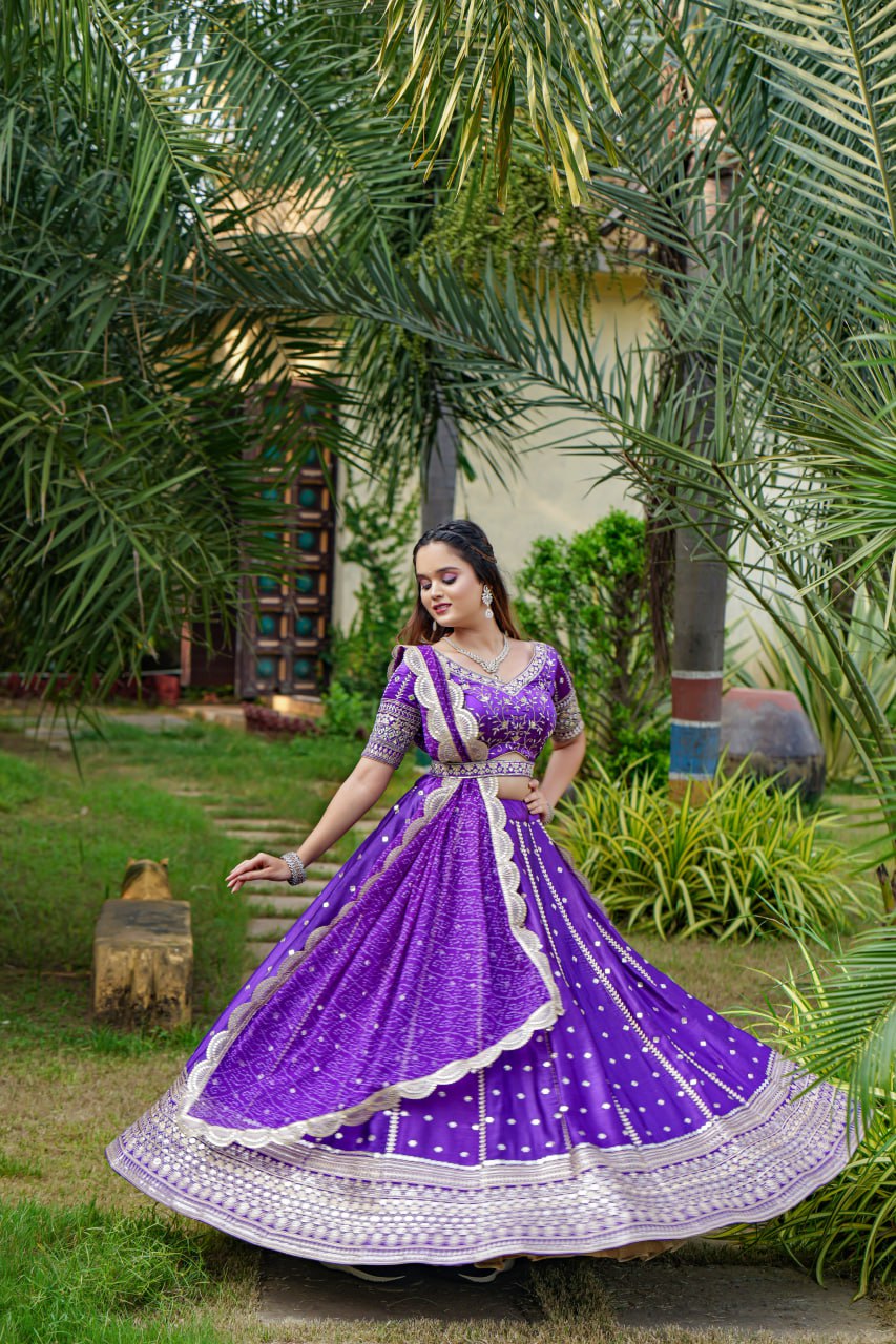 "Purple Elegance Ensemble: Dreamer Women's Full Stitched Lehenga Choli with Heavy Embroidery and Mirror Work (With Free Men's Kurta Bottom Set)