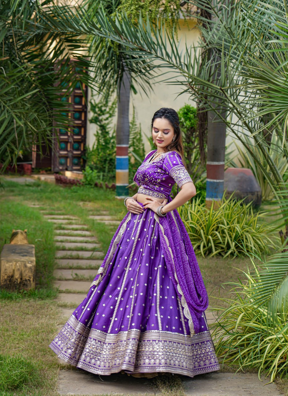 "Purple Elegance Ensemble: Dreamer Women's Full Stitched Lehenga Choli with Heavy Embroidery and Mirror Work (With Free Men's Kurta Bottom Set)