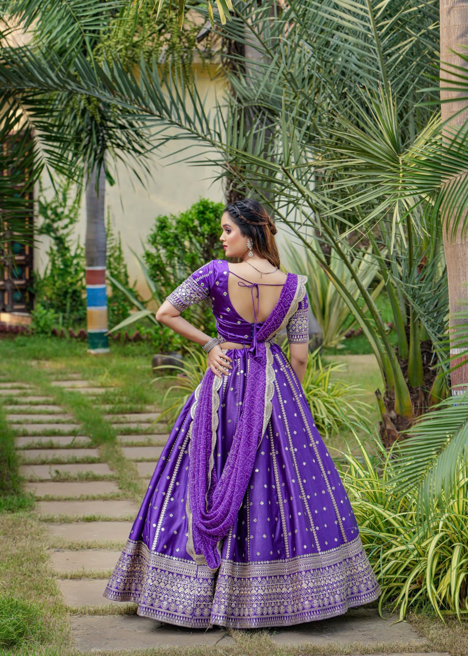 "Purple Elegance Ensemble: Dreamer Women's Full Stitched Lehenga Choli with Heavy Embroidery and Mirror Work (With Free Men's Kurta Bottom Set)