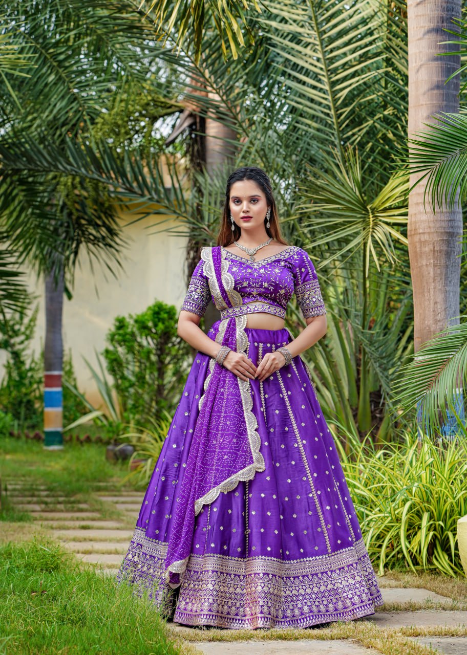 "Purple Elegance Ensemble: Dreamer Women's Full Stitched Lehenga Choli with Heavy Embroidery and Mirror Work (With Free Men's Kurta Bottom Set)