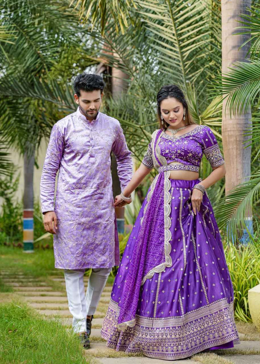 "Purple Elegance Ensemble: Dreamer Women's Full Stitched Lehenga Choli with Heavy Embroidery and Mirror Work (With Free Men's Kurta Bottom Set)