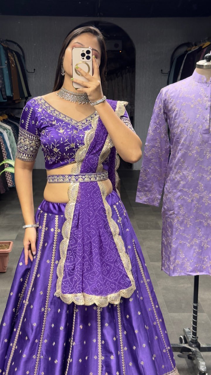 "Purple Elegance Ensemble: Dreamer Women's Full Stitched Lehenga Choli with Heavy Embroidery and Mirror Work (With Free Men's Kurta Bottom Set)