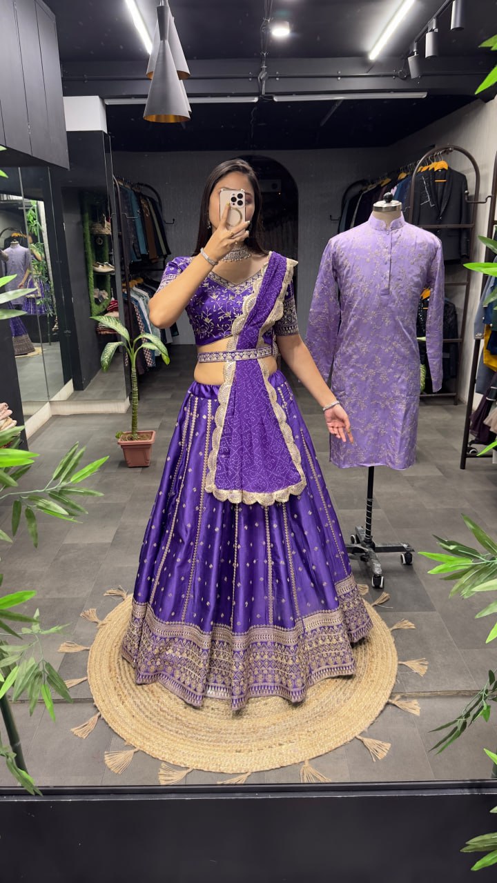 "Purple Elegance Ensemble: Dreamer Women's Full Stitched Lehenga Choli with Heavy Embroidery and Mirror Work (With Free Men's Kurta Bottom Set)