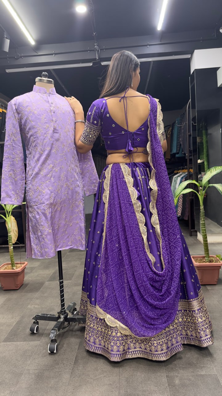 "Purple Elegance Ensemble: Dreamer Women's Full Stitched Lehenga Choli with Heavy Embroidery and Mirror Work (With Free Men's Kurta Bottom Set)