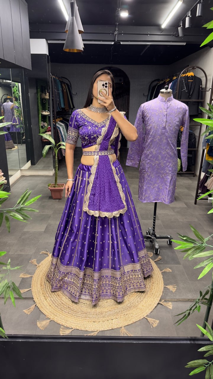 "Purple Elegance Ensemble: Dreamer Women's Full Stitched Lehenga Choli with Heavy Embroidery and Mirror Work (With Free Men's Kurta Bottom Set)